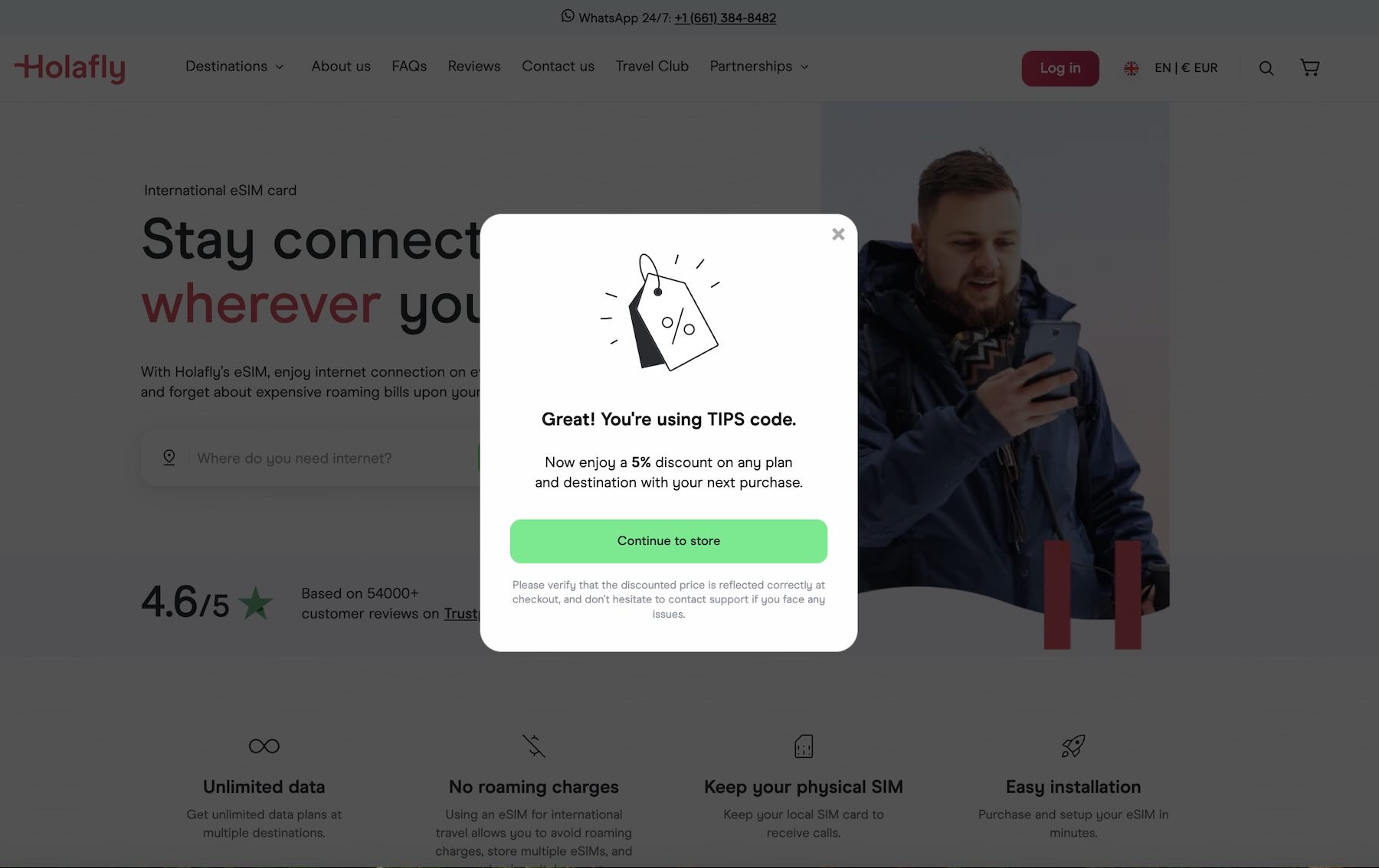 Screenshot Codice Sconto Holafly: risparmia il 5% sulle eSIM per viaggiare connessi
