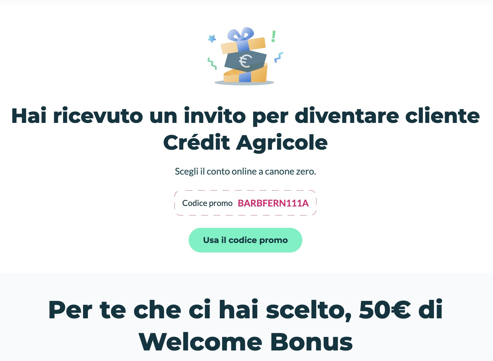 Screenshot Codice Sconto Credit Agricole: BARBFERN111A - promozione valida entro il 03/03/2026