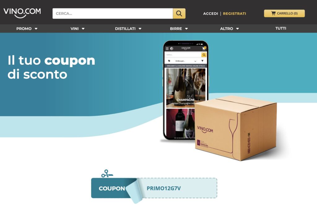 Codice Promozionale Vino.com: 12€ di sconto immediato 2 Codice Sconto Vino.com: PRIMO12G7V Usa il coupon di sconto per risparmiare