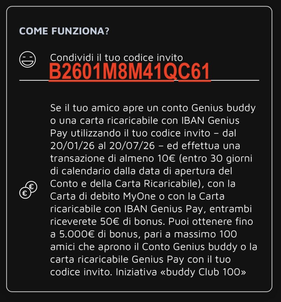 regole del codice invito buddy - bonus Euro 50,00 per aprire il conto (devi spendere almeno 10 euro entro 30 giorni dalla data di apertura del conto)
