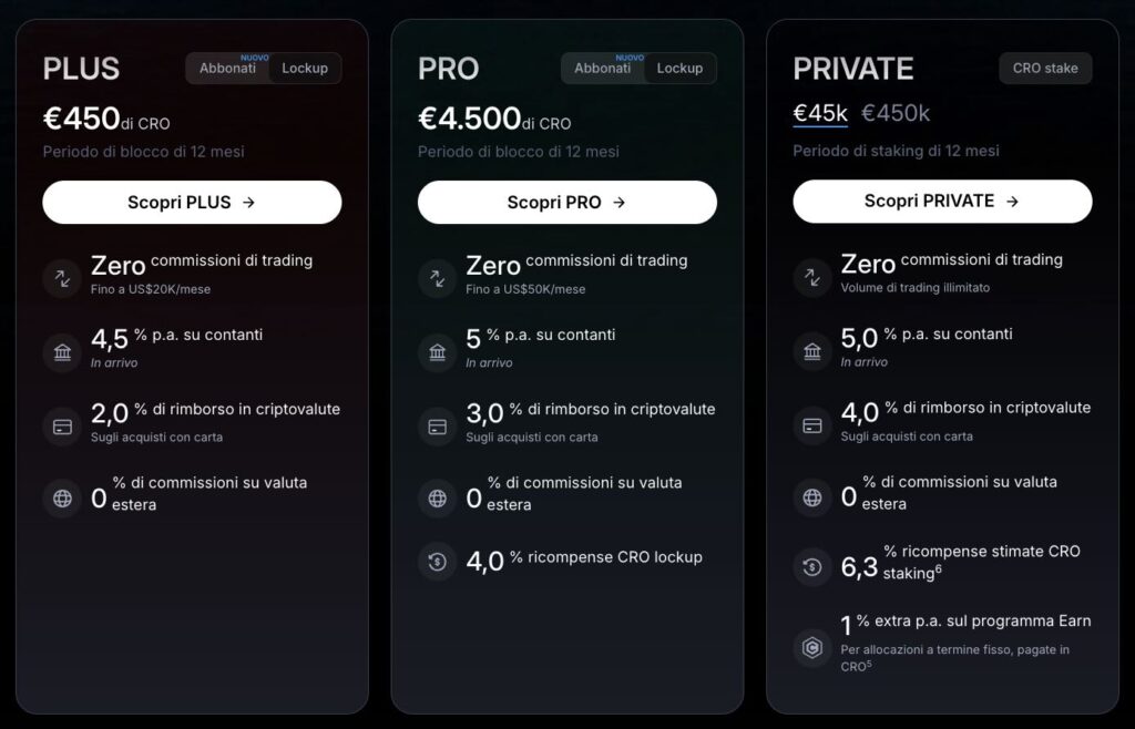 Codice Promozionale Crypto.com: zcjm3945gg 2 Confronto dei piani Crypto.com Level Up con lockup o staking in CRO: PLUS, PRO e PRIVATE con vantaggi su trading, cashback e rendimenti.