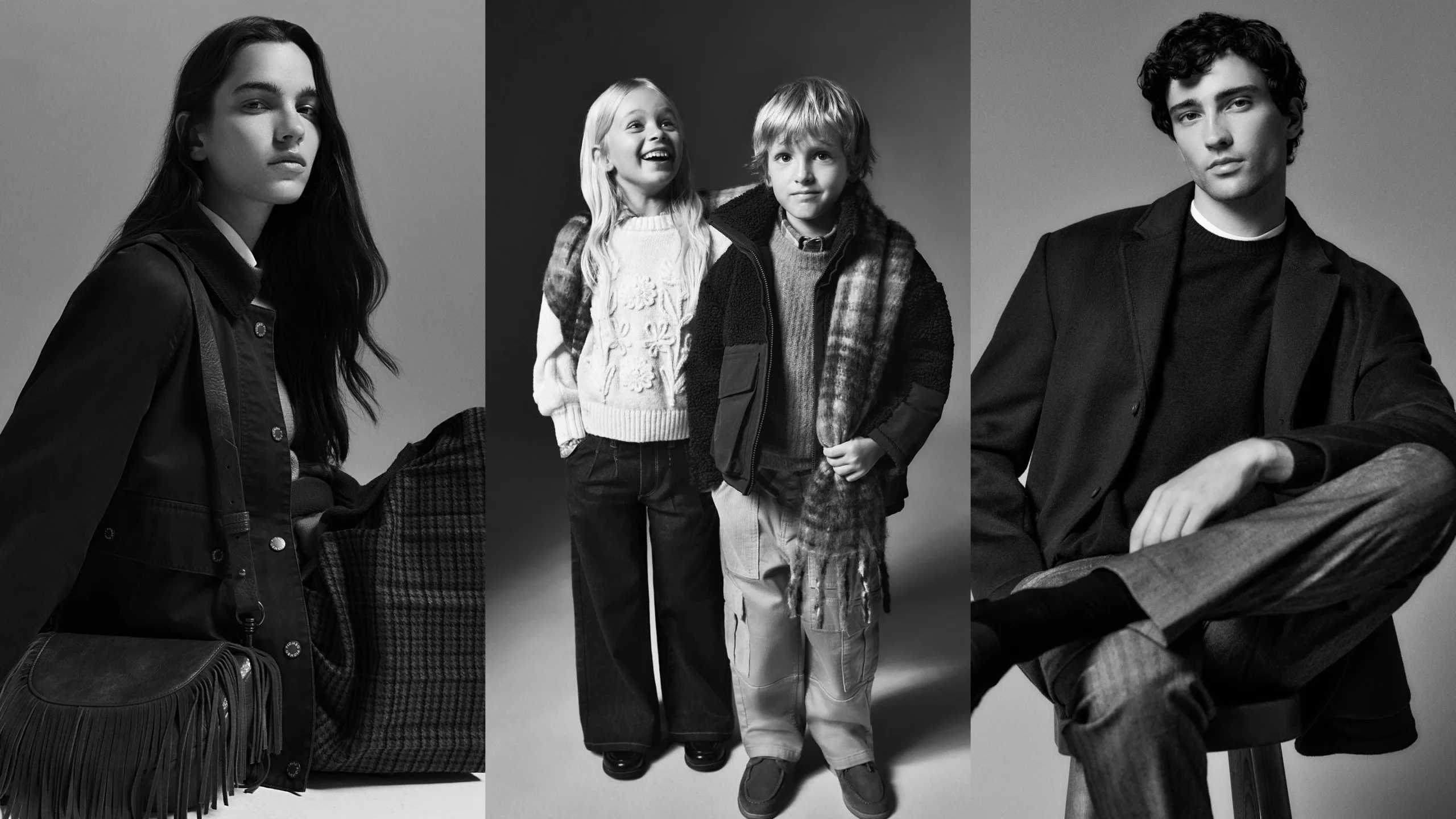 pre-saldi-ovs Modelli donna, bambino e uomo indossano capi della collezione OVS autunno inverno FW25 in uno shooting in bianco e nero, con look casual ed eleganti.
