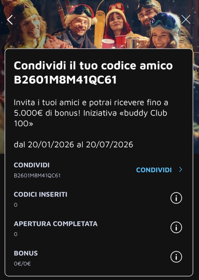 Usa il codice invito buddy B2601M8M41QC61 per aprire il tuo conto - schermata di condivisione del codice amico sull'app buddy