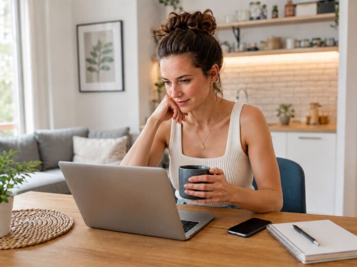Donna seduta al tavolo di casa con un computer portatile e una tazza di caffè, mentre naviga online