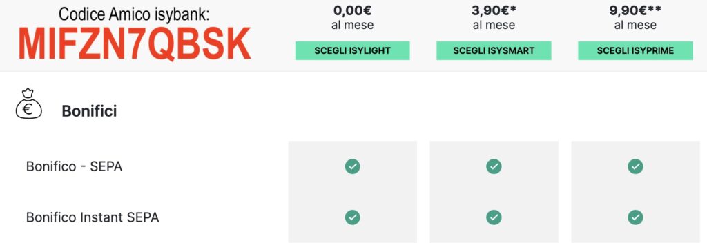 costo bonifici isybank - piano isyLight, isySmart, isyPrime - Usa il codice amico MIFZN7QBSK
