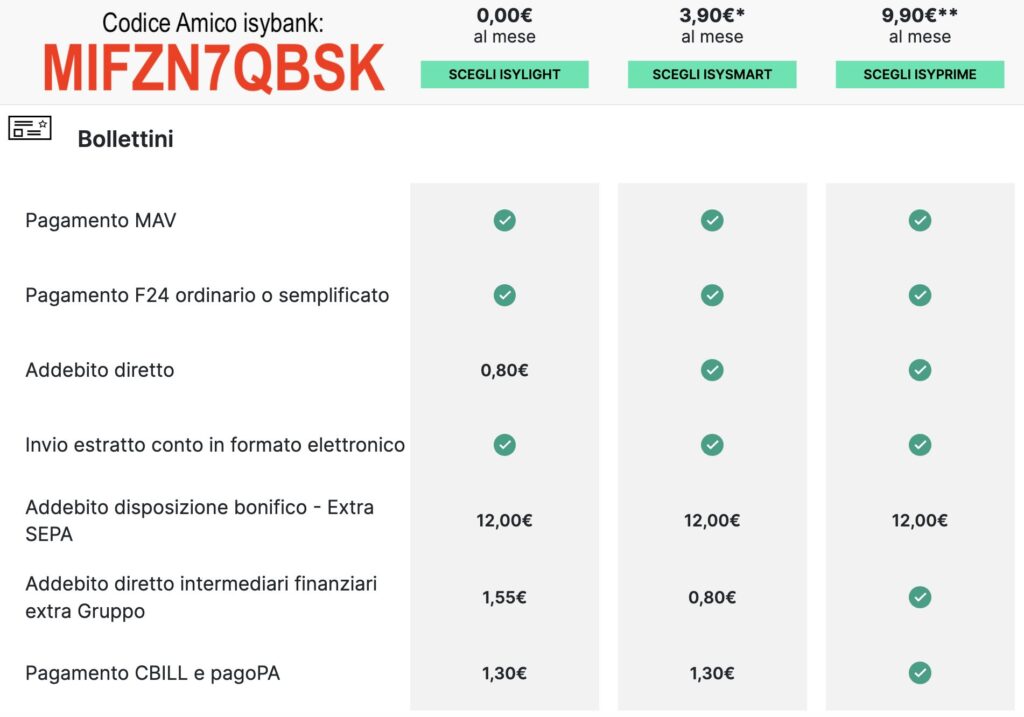 costo bolletini usybank - piano isyLight, isySmart, isyPrime - Usa il codice amico MIFZN7QBSK