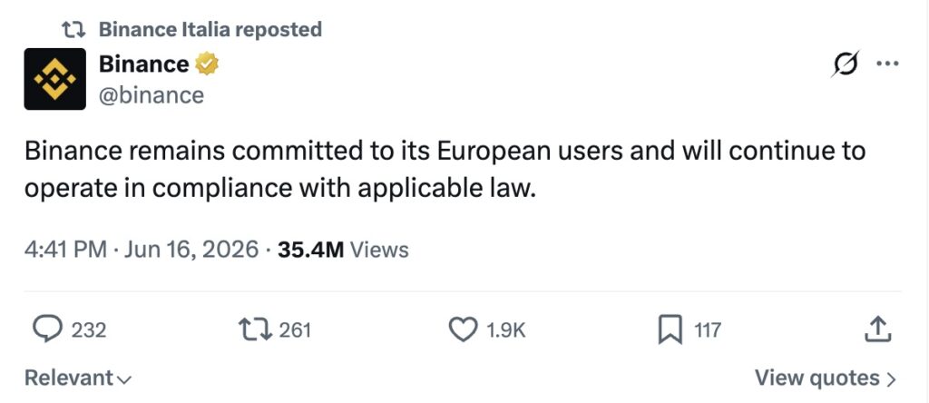 Binance Italia - post x 1