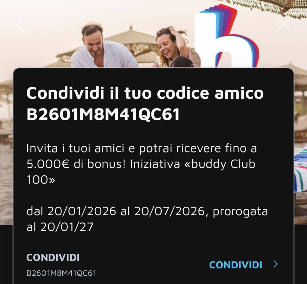 Codice Invito Buddy B2601M8M41QC61 valido fino al 20/01/2027 - Bonus 50 euro apertura conto