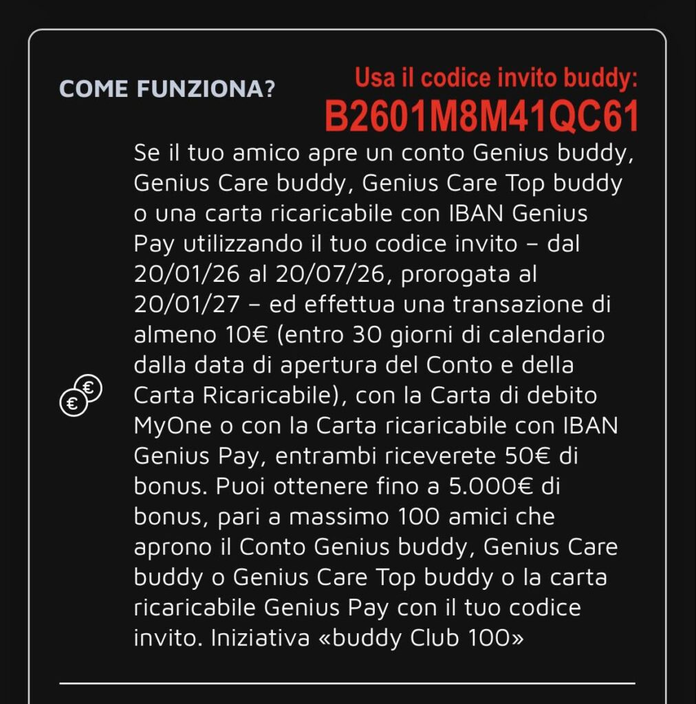 Promo Buddy Bonus codice invito B2601M8M41QC61 