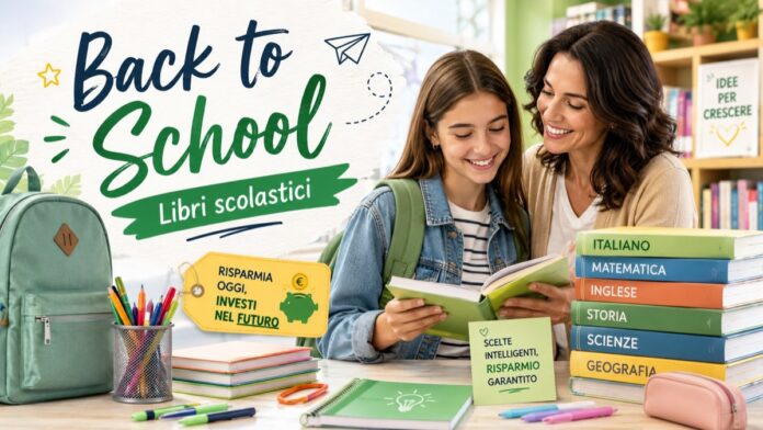 Ragazza e mamma sfogliano un libro di scuola accanto a zaino, quaderni e testi scolastici per il rientro a settembre