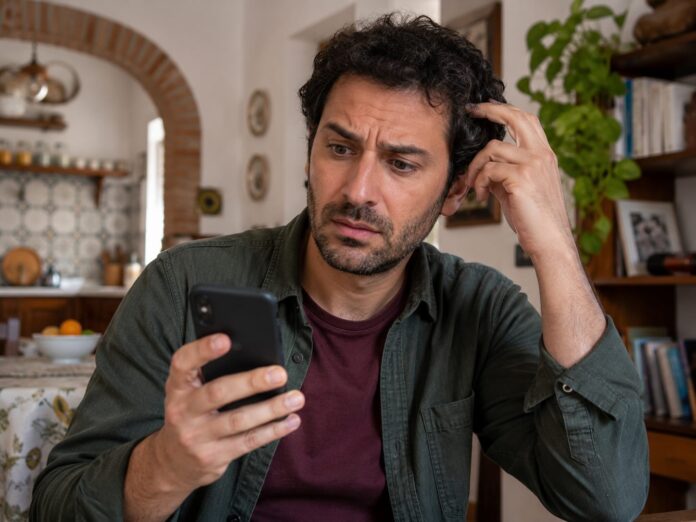 problema-buddy-bonus Uomo confuso mentre controlla l'app buddy sul telefono, chiedendosi perché il bonus non è arrivato