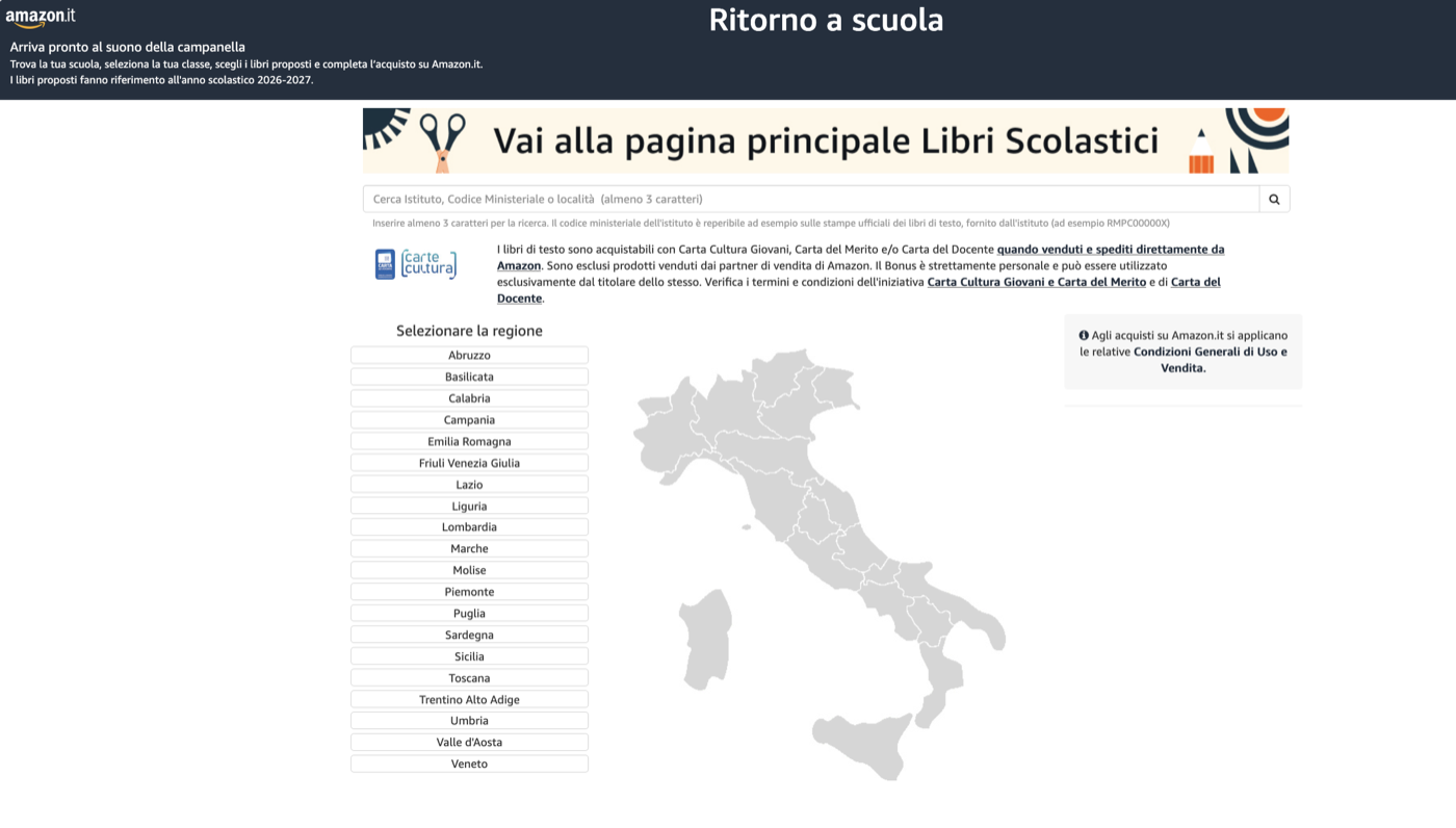 Libri scolastici in ritardo? Come averli a casa in pochi giorni 3 Pagina Ritorno a scuola di Amazon.it con la mappa d'Italia per selezionare la regione della scuola