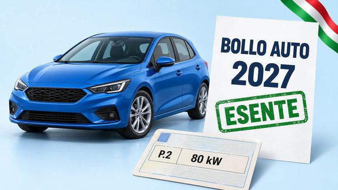 bollo-auto-2027 Auto blu accanto a un cartello 'Bollo auto 2027 esente' e al dettaglio P.2 80 kW della carta di circolazione