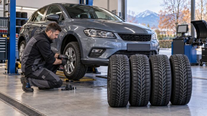 Cambio gomme invernali in officina Gommista che monta le gomme invernali su un SUV in officina, con quattro pneumatici invernali pronti accanto e le montagne innevate sullo sfondo