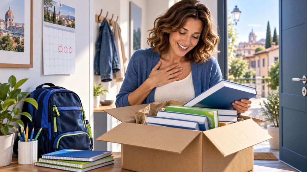 Libri scolastici in ritardo? Come averli a casa in pochi giorni 1 Donna apre a casa il pacco con i libri scolastici, accanto a zaino, quaderni e matite