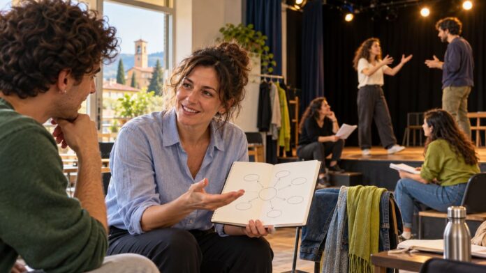 Il mio futuro in un piano d'azione, percorso gratuito a Sesto Fiorentino Percorso gratuito a Sesto Fiorentino: colloquio di job coaching con un piano d'azione disegnato su un quaderno e prove del laboratorio teatrale sul palco