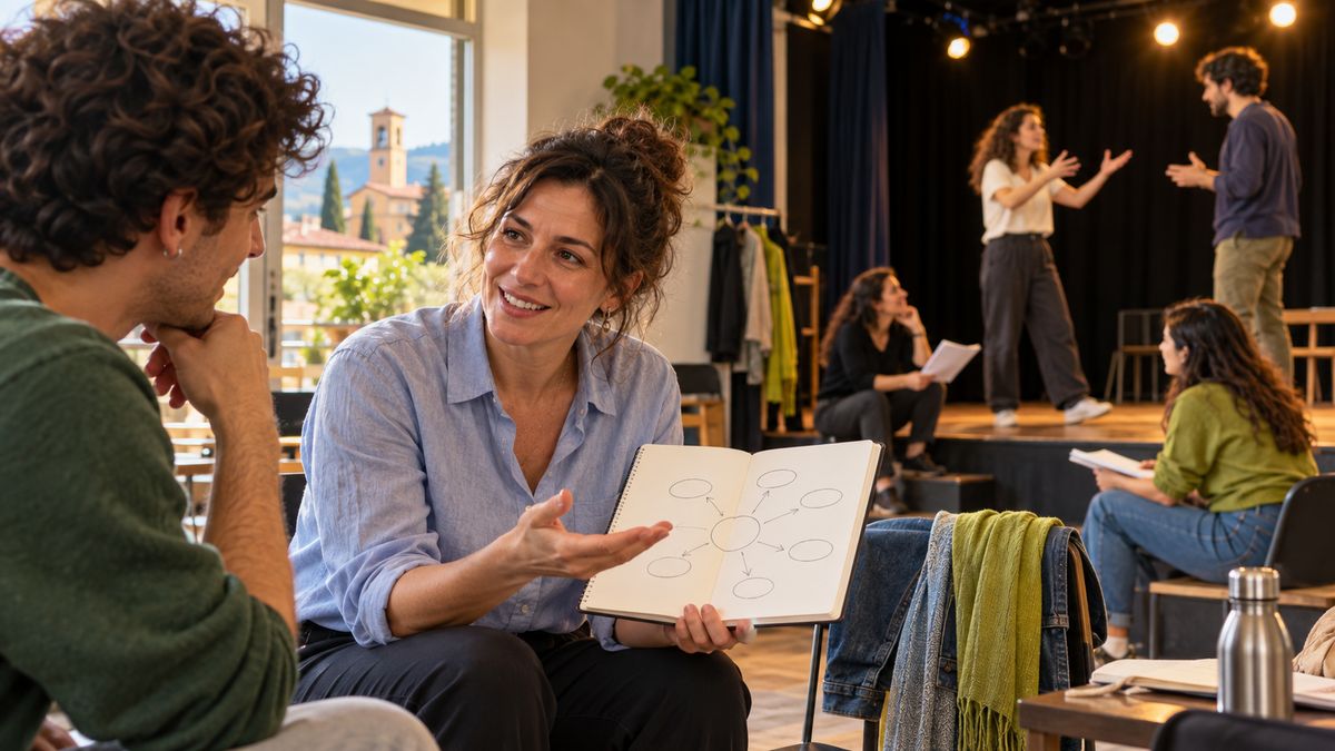 Il mio futuro in un piano d'azione: percorso gratuito a Sesto Fiorentino per ripartire 1 Percorso gratuito a Sesto Fiorentino: colloquio di job coaching con un piano d'azione disegnato su un quaderno e prove del laboratorio teatrale sul palco