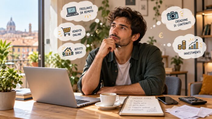Soldi extra a fine mese con i bonus delle banche online Ragazzo alla scrivania che pensa a come ottenere soldi extra a fine mese