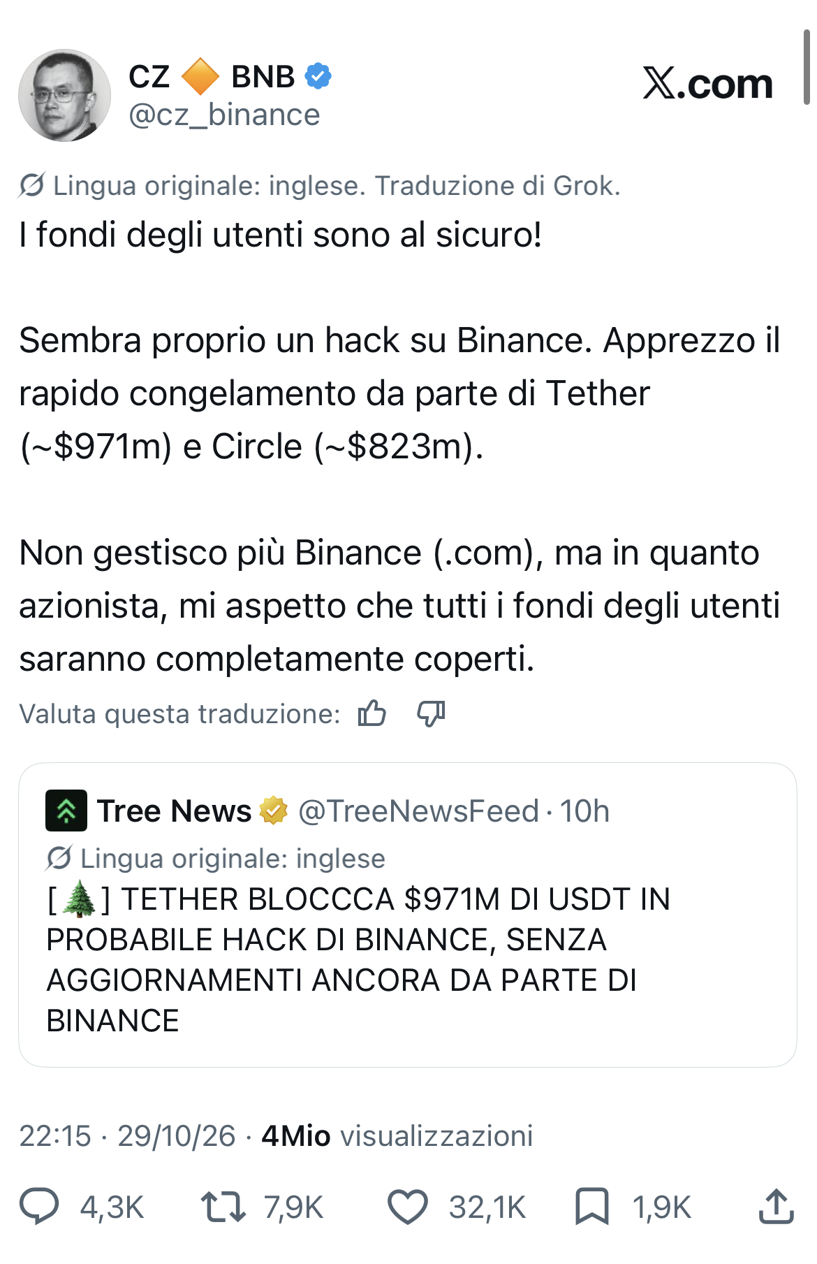 Post di Changpeng Zhao su X del 29 ottobre 2026 sull'attacco hacker a Binance