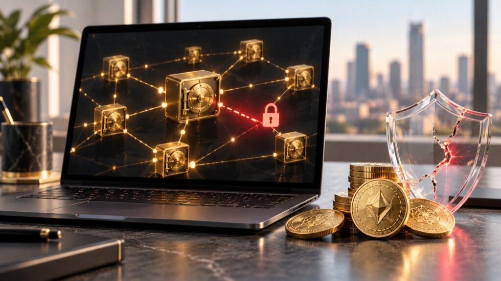 Laptop con una rete di casseforti digitali interrotta e uno scudo incrinato accanto a monete di criptovalute