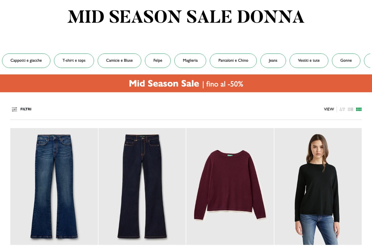 Sconti Benetton: Mid Season Sale fino al -50% per donna, uomo e bambino 1 Sconti Benetton: la pagina della Mid Season Sale donna con il banner fino al -50%