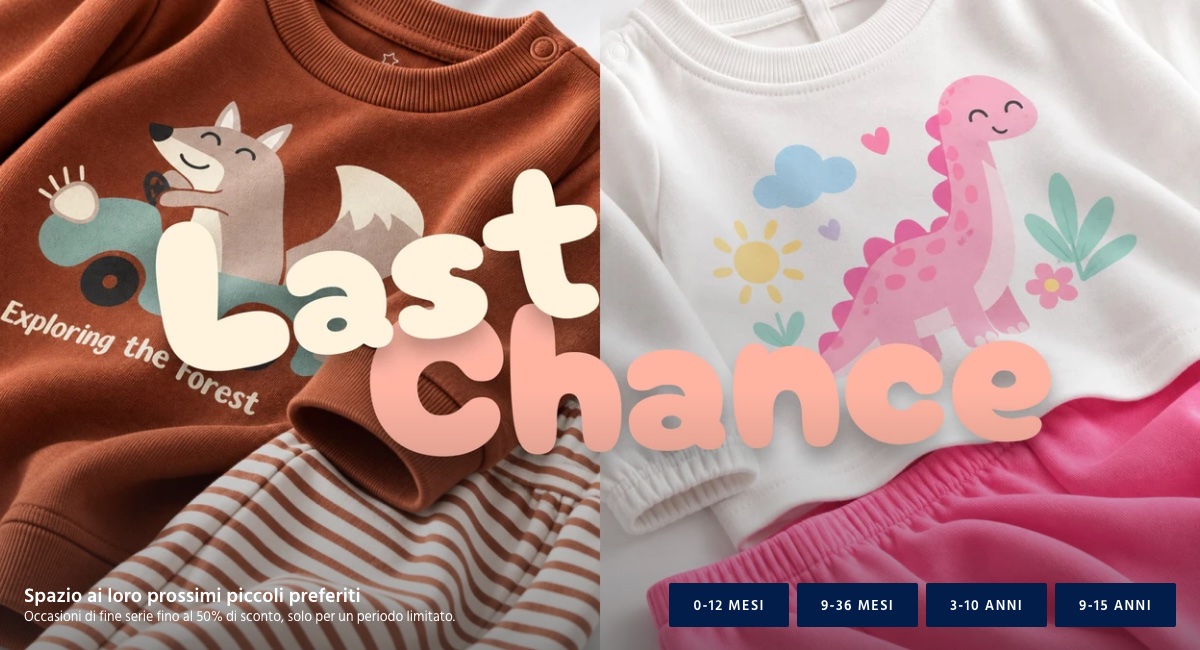 Sconti Blukids: Last Chance al -50% su una selezione di capi per bambini 1 Sconti Blukids: il banner Last Chance sul sito Blukids con due felpe per bambini