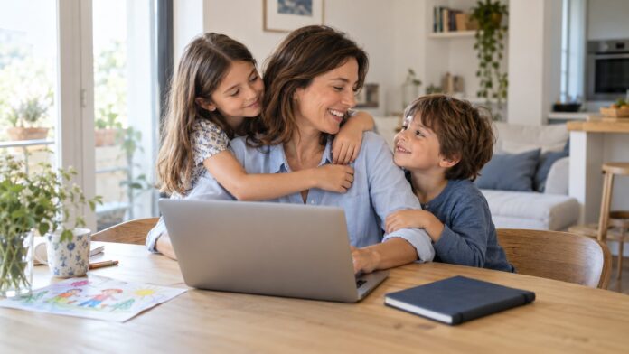 Una mamma lavora al computer a casa mentre la figlia e il figlio la abbracciano