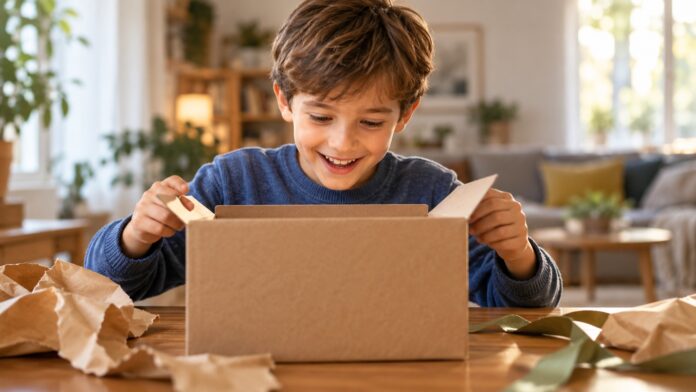 Bambino che apre un pacco regalo, come i calzini Geronimo Stilton in omaggio con due libri