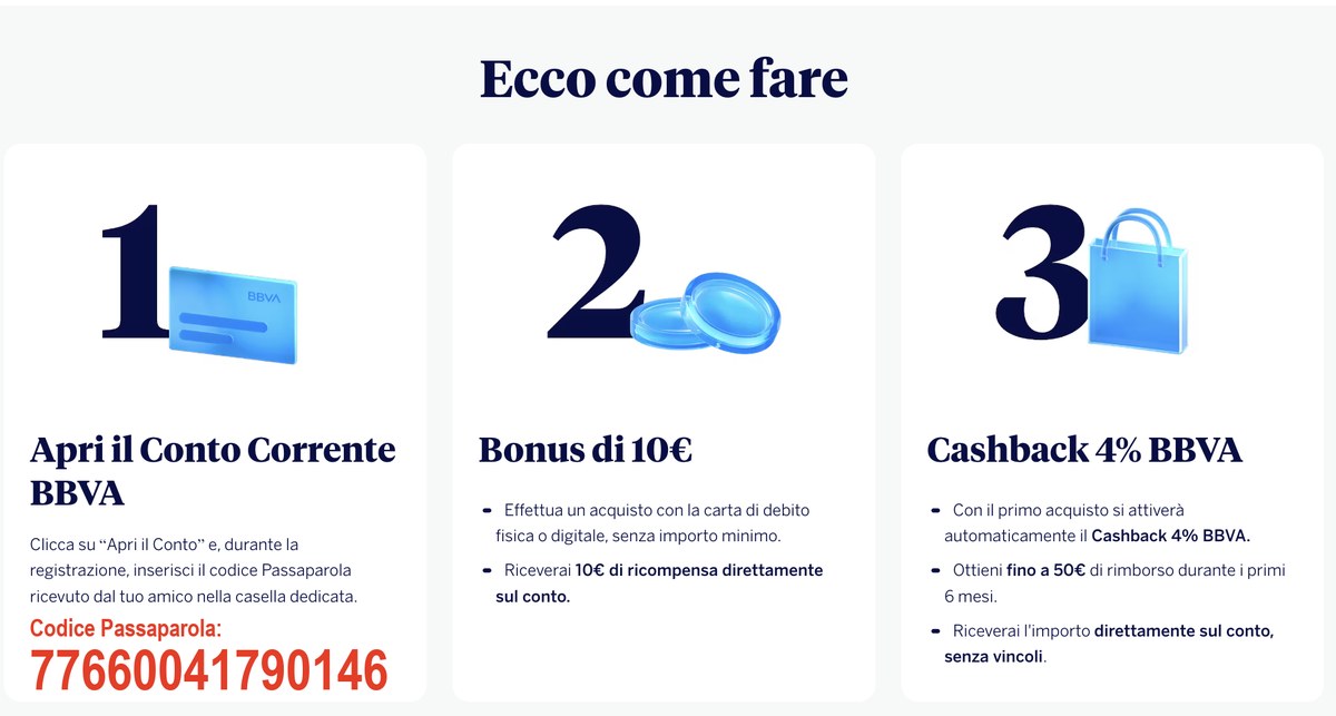 Codice Amico BBVA: 10€ di bonus, Cashback 4% e remunerazione fino al 4% 1 Codice Amico BBVA 77660041790146: come aprire il conto con bonus di 10€ e Cashback 4%