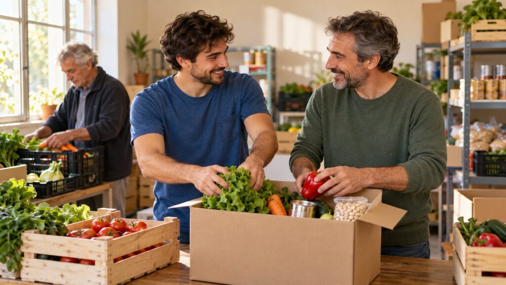 Due volontari sorridenti riempiono una scatola di frutta e verdura in un emporio solidale